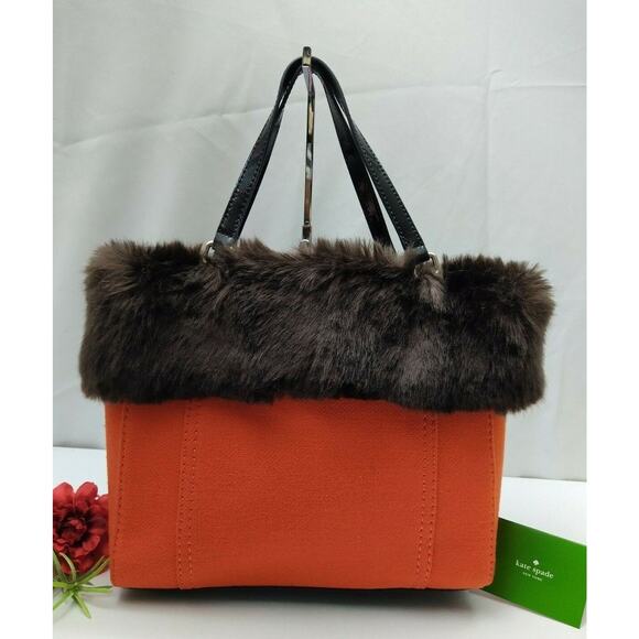 Kate Spade Quinn Foxtrot Hill Autumn Orange Canvas Fur Satchel Bag - NWT $318 - Picture 3 of 12